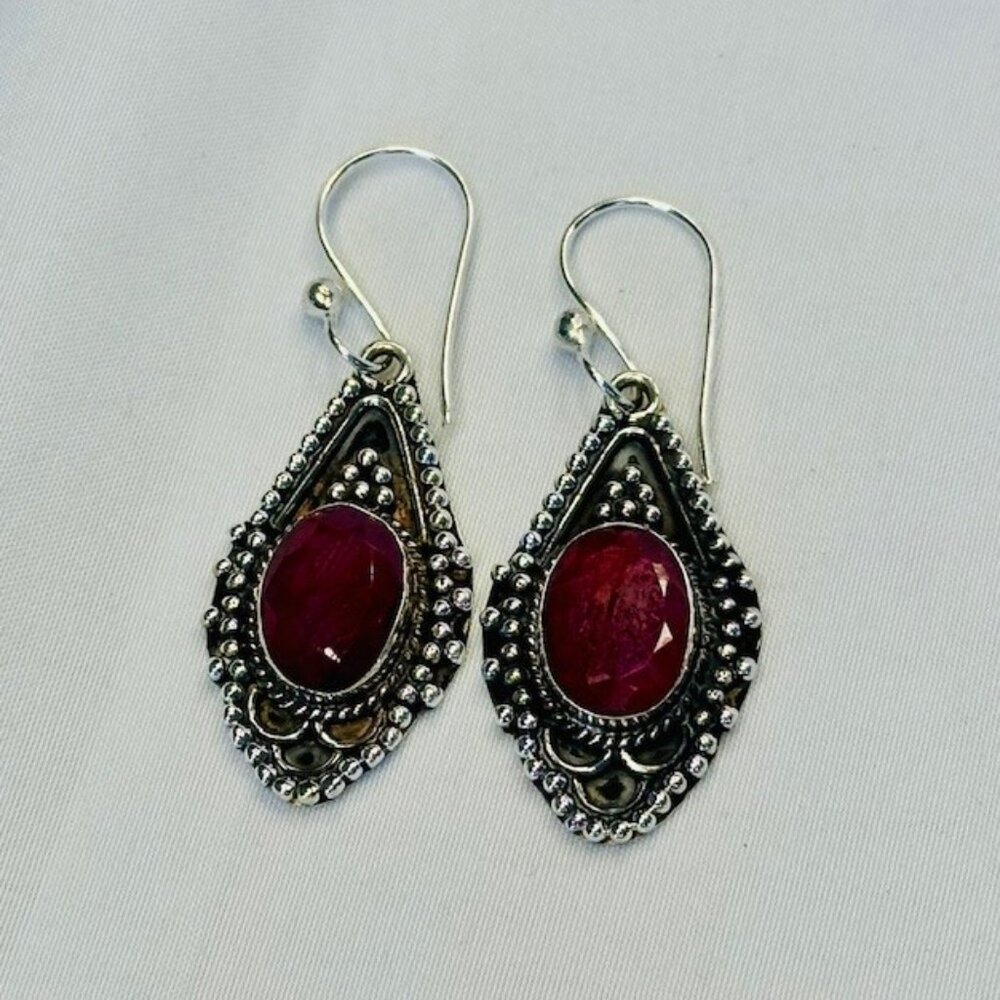 Sterling Silver Kashmir Ruby Dangle Drop Earrings - image 1